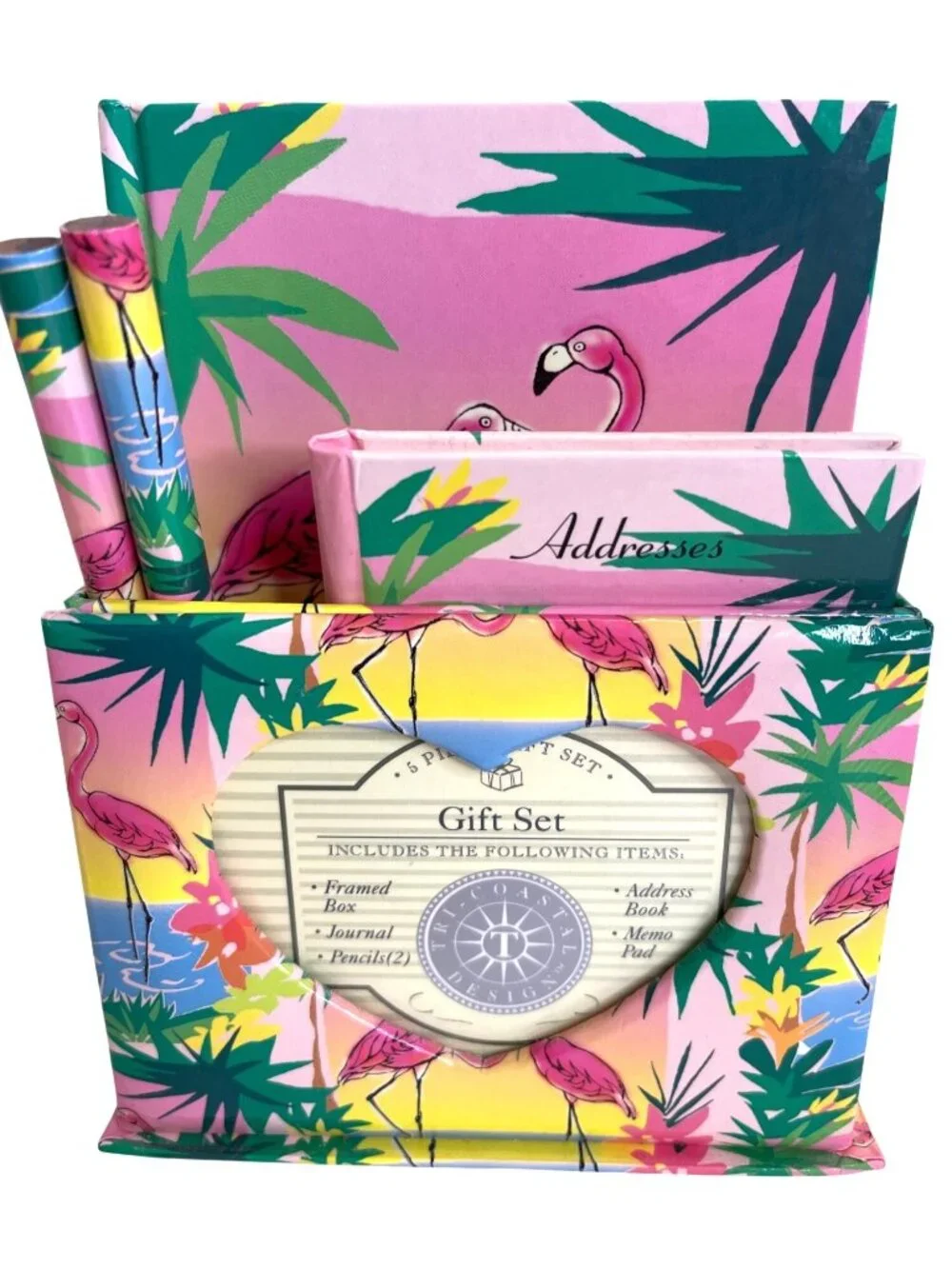 Vintage Flamingo Stationery Desk Gift 7 Pc Set Office Storage Box Journal Pencil